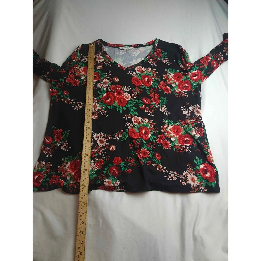 Pioneer Woman Floral V-Neck Tunic Top XL Black Red Rose 3/4 Sleeve